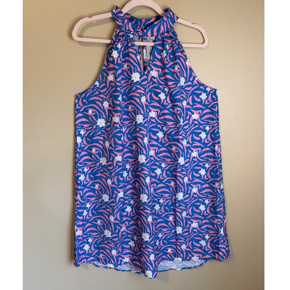 Umgee Women's Blue Pink Floral Halter Mini Dress Sleeveless Keyhole Back S NWT
